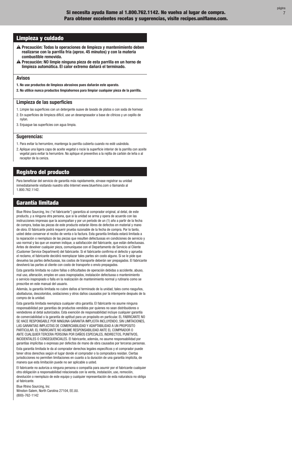Limpieza y cuidado, Registro del producto, Garantía limitada | Uniflame CBC900WRS User Manual | Page 15 / 16
