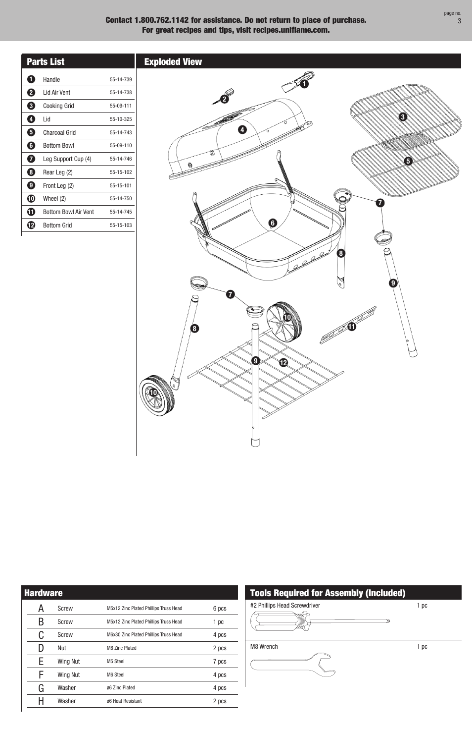 Parts list, Exploded view, Hardware | Tools required for assembly (included) | Uniflame CBC900WRS User Manual | Page 3 / 16