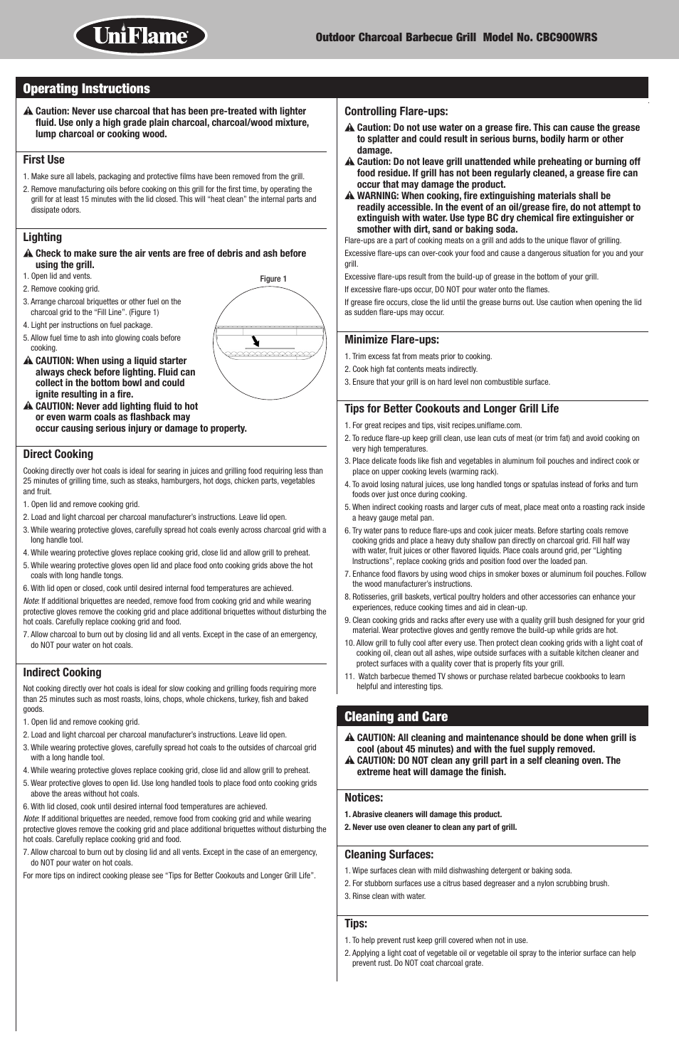 Operating instructions, Cleaning and care | Uniflame CBC900WRS User Manual | Page 6 / 16