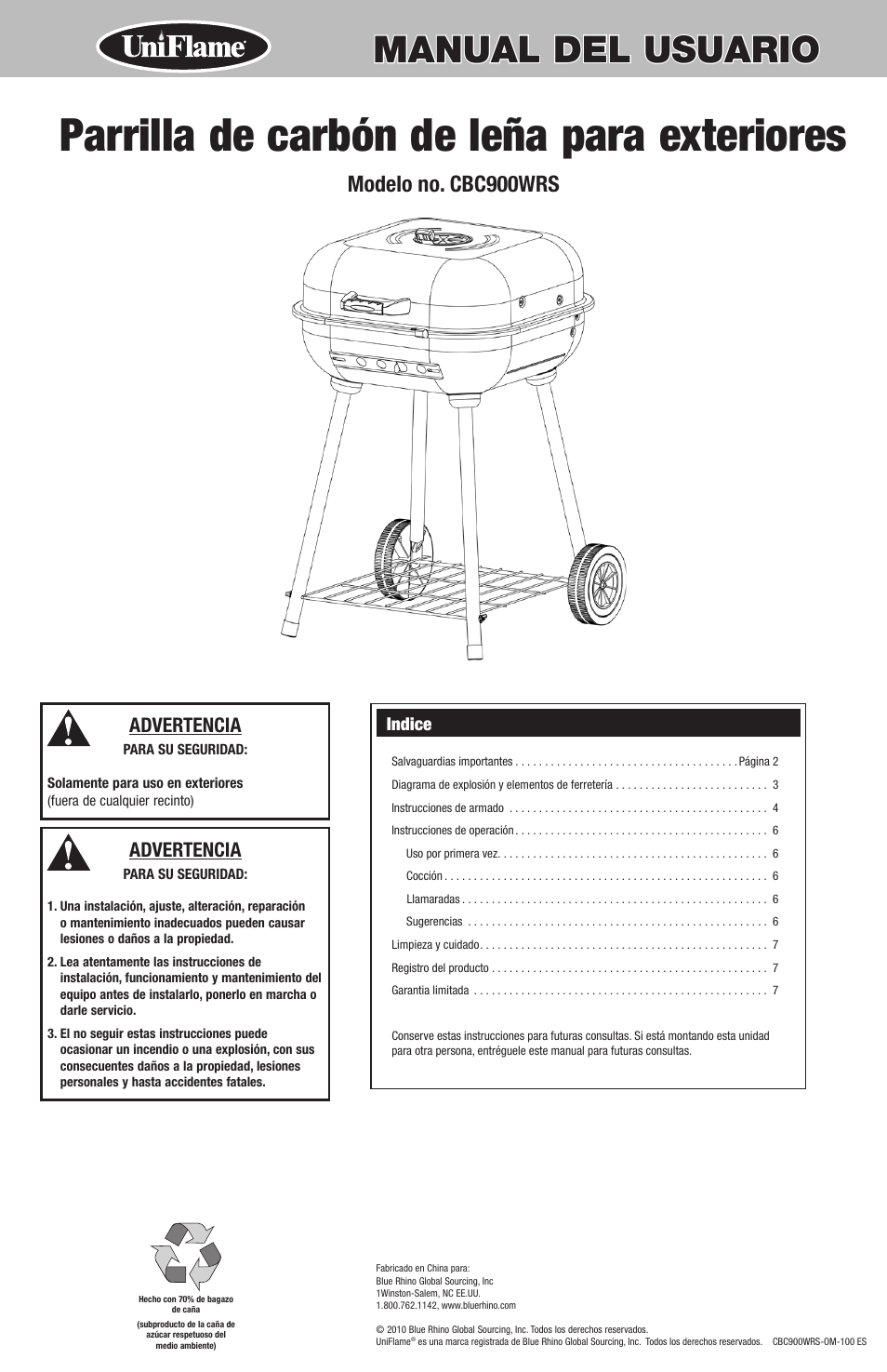 Parrilla de carbón de leña para exteriores, Manual del usuario, Modelo no. cbc900wrs | Advertencia, Indice | Uniflame CBC900WRS User Manual | Page 9 / 16