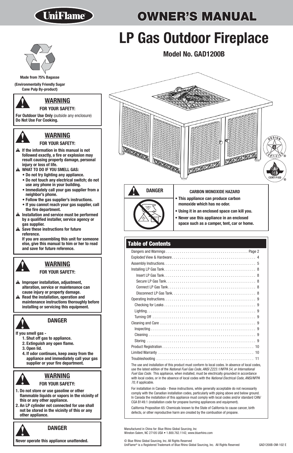 Uniflame GAD1200B User Manual | 12 pages
