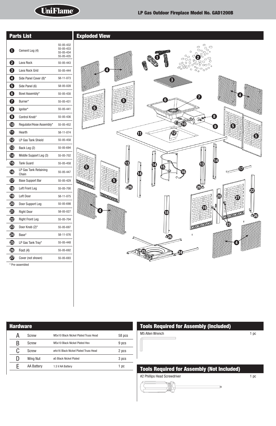 Parts list, Tools required for assembly (not included), Hardware | Uniflame GAD1200B User Manual | Page 4 / 12