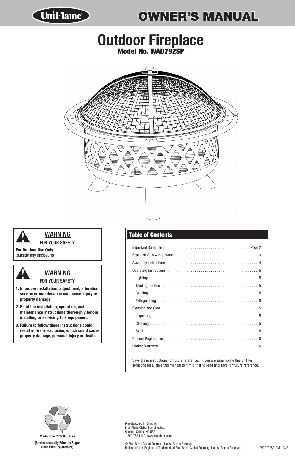 Uniflame WAD792SP User Manual | 8 pages