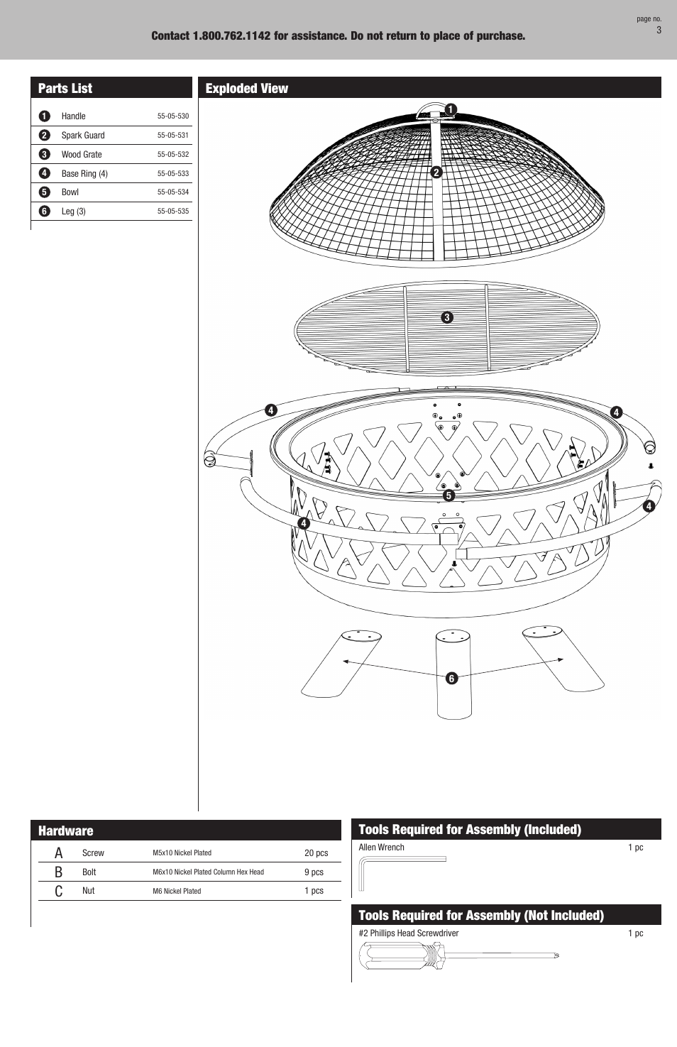 Parts list, Hardware, Exploded view | Tools required for assembly (included), Tools required for assembly (not included) | Uniflame WAD792SP User Manual | Page 3 / 8