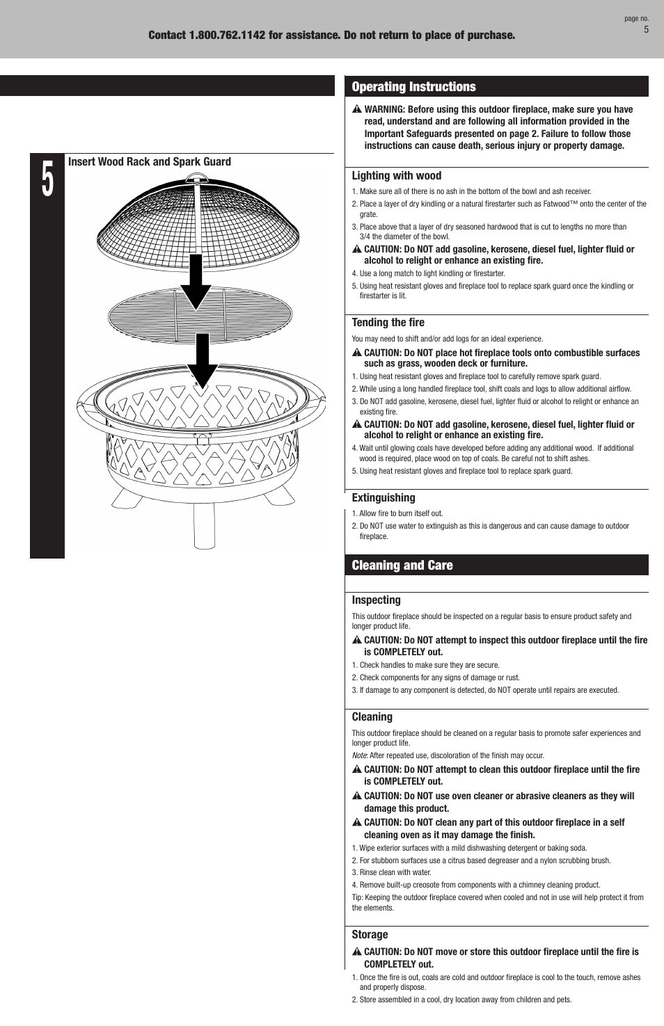 Assembly instructions, Cleaning and care, Operating instructions | Uniflame WAD792SP User Manual | Page 5 / 8