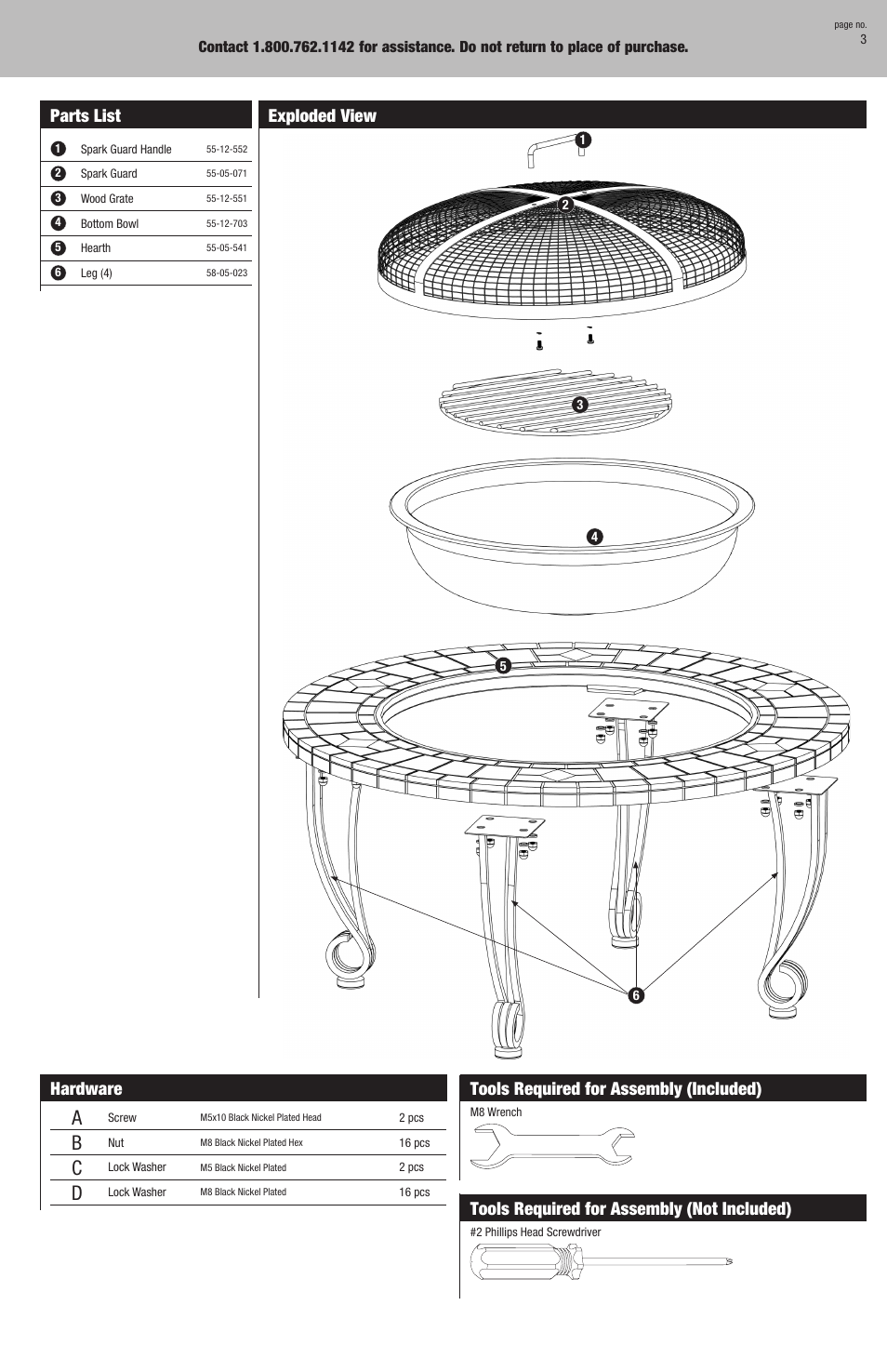 Hardware, Tools required for assembly (included), Tools required for assembly (not included) | Exploded view, Parts list | Uniflame WAD820SP User Manual | Page 3 / 8