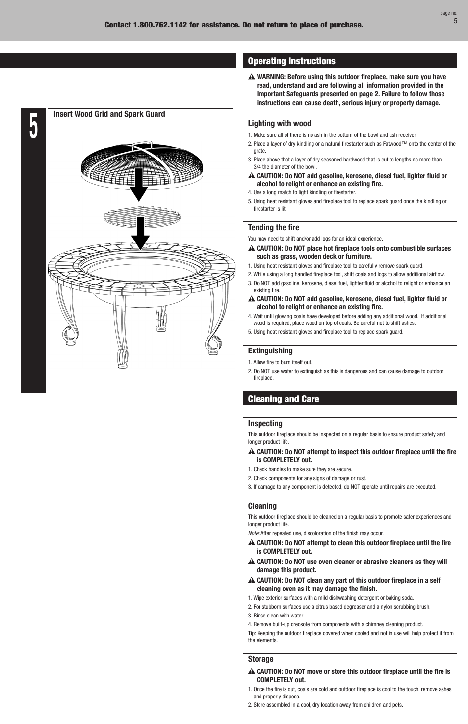 Assembly instructions, Cleaning and care, Operating instructions | Uniflame WAD820SP User Manual | Page 5 / 8