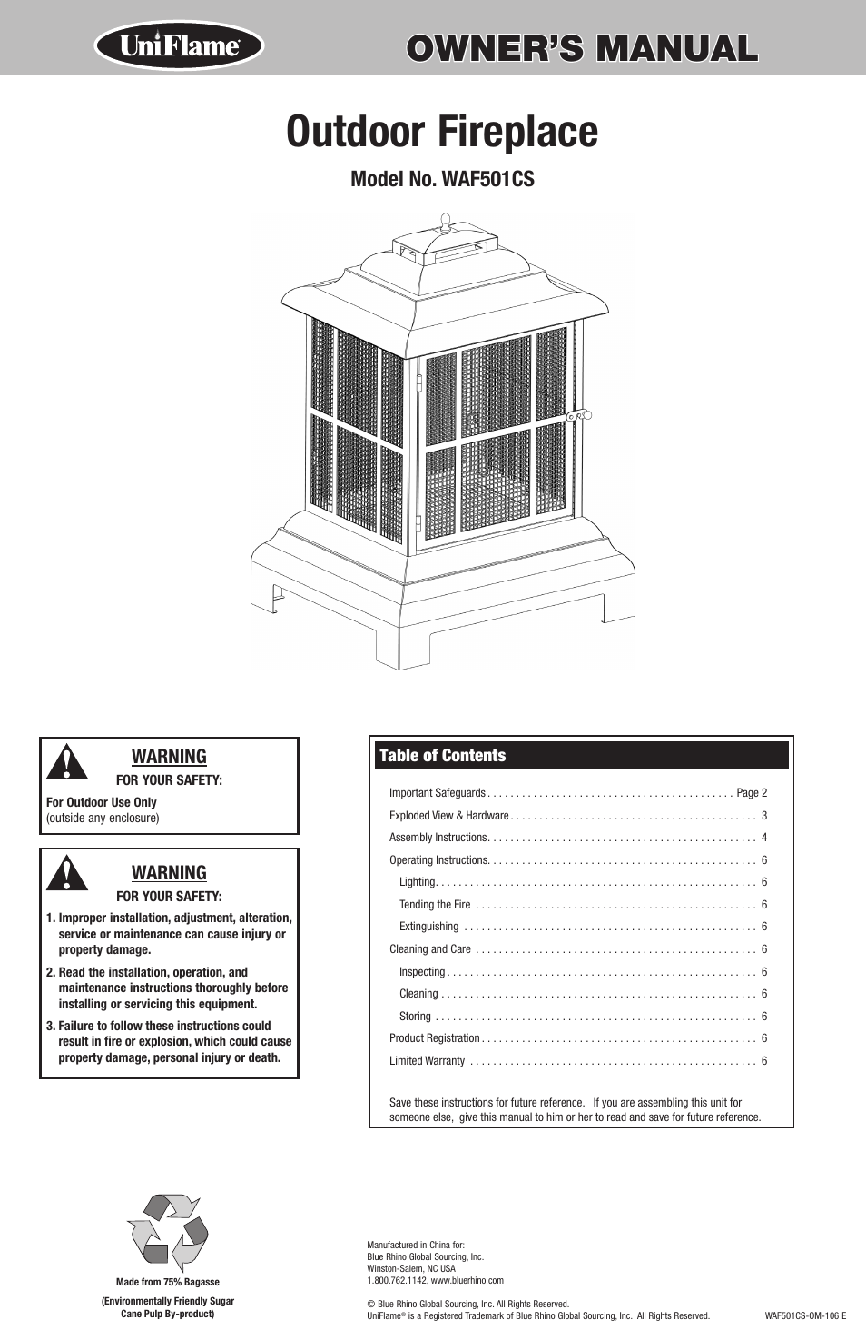 Uniflame Waf501cs User Manual | 8 pages