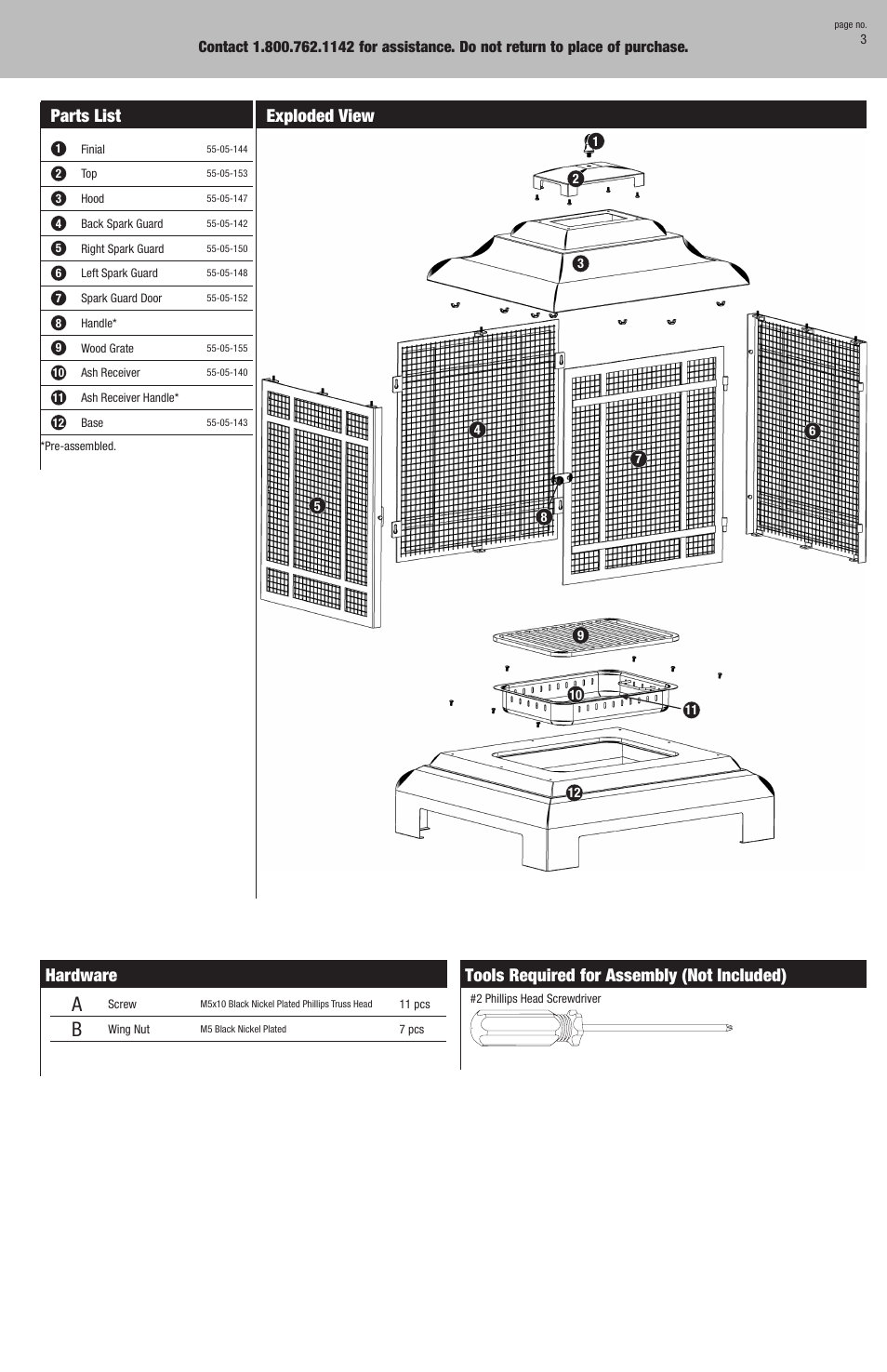 Parts list, Exploded view hardware, Tools required for assembly (not included) | Uniflame Waf501cs User Manual | Page 3 / 8