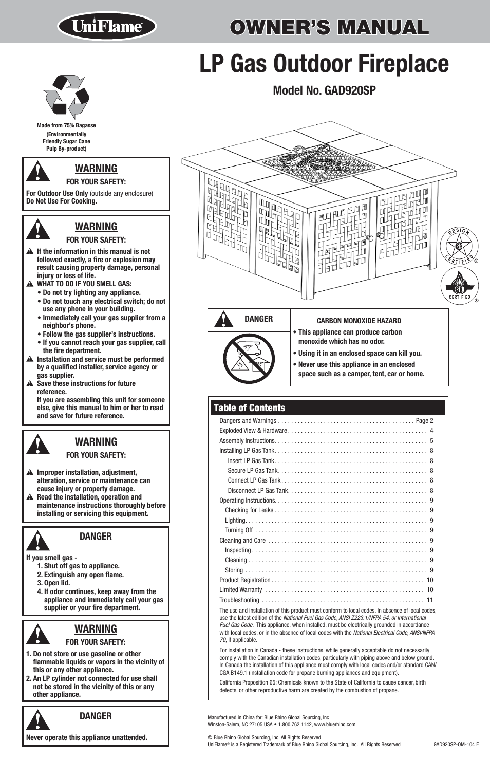 Uniflame GAD920SP User Manual | 12 pages