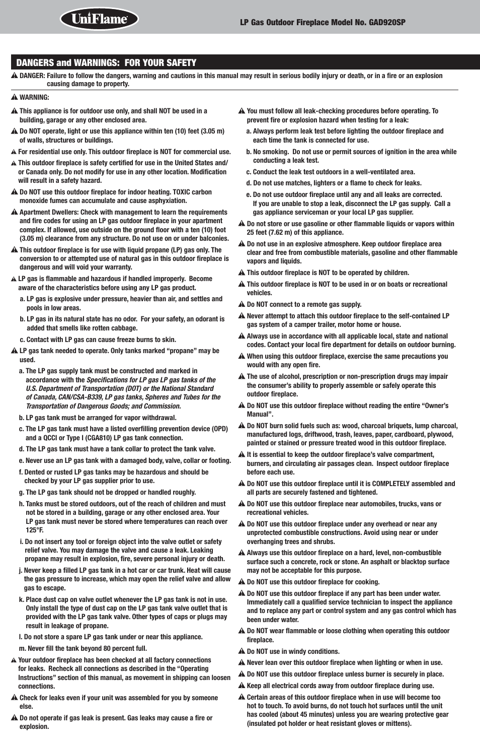 Dangers and warnings: for your safety | Uniflame GAD920SP User Manual | Page 2 / 12