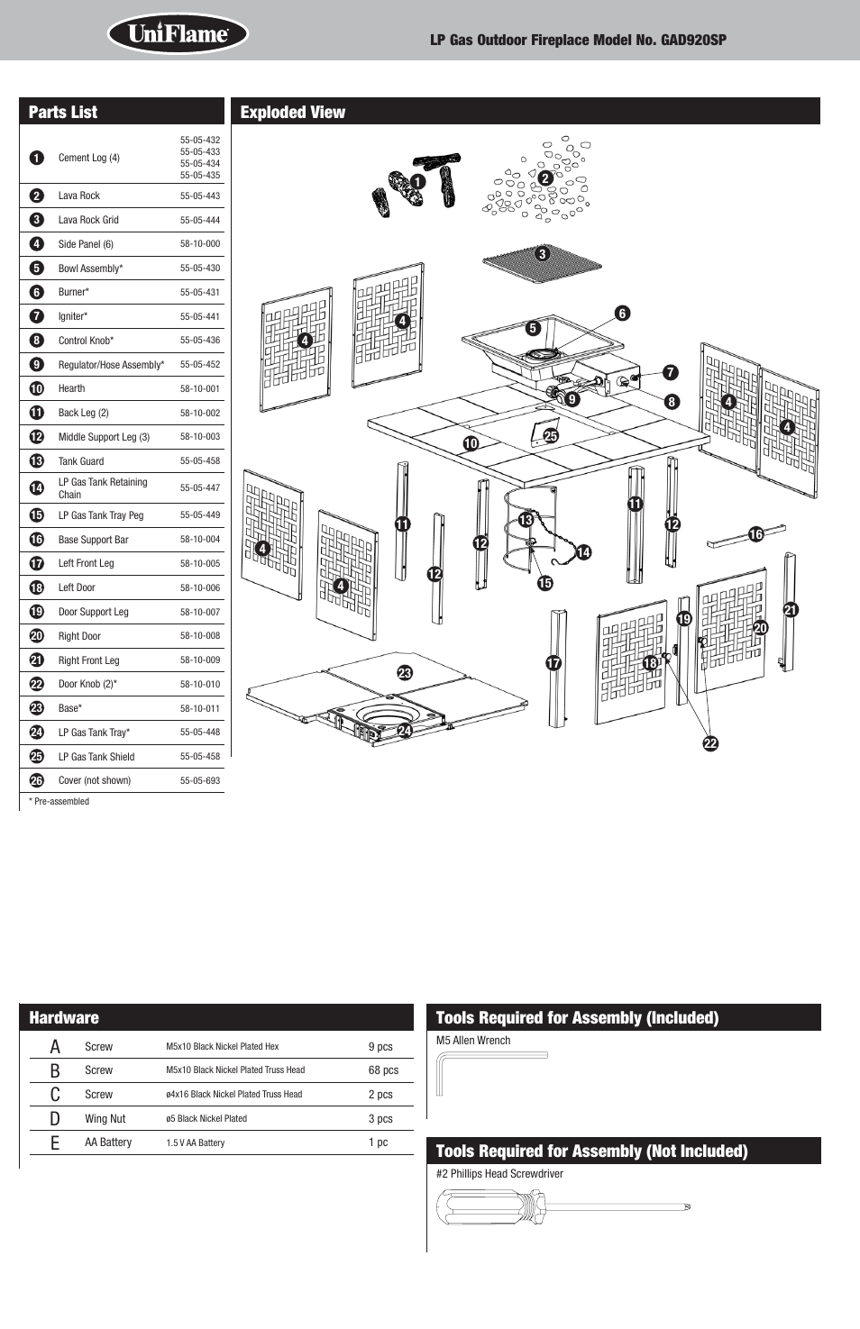 Tools required for assembly (included), Tools required for assembly (not included), Exploded view | Hardware, Parts list | Uniflame GAD920SP User Manual | Page 4 / 12