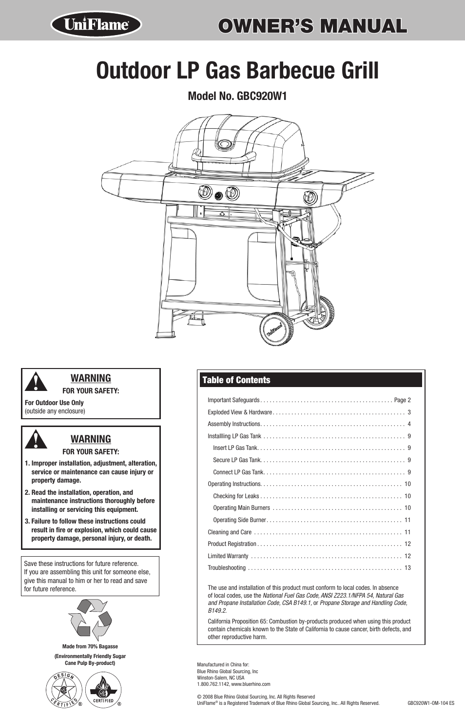 Uniflame GBC920W1 User Manual | 28 pages