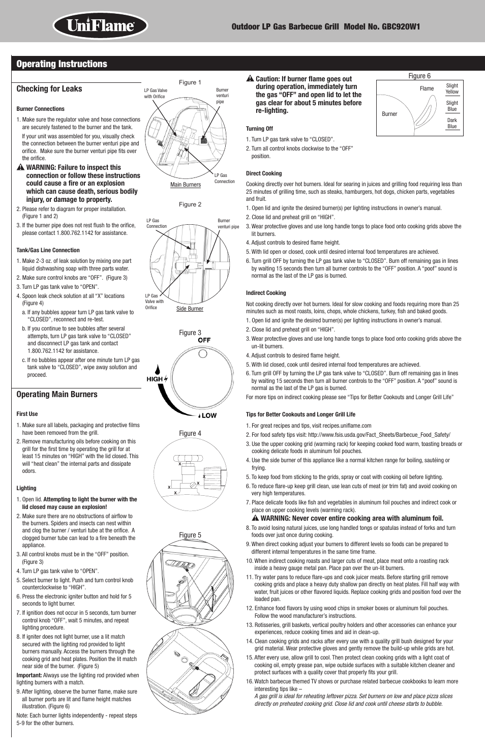 Operating instructions, Checking for leaks, Operating main burners | Uniflame GBC920W1 User Manual | Page 10 / 28