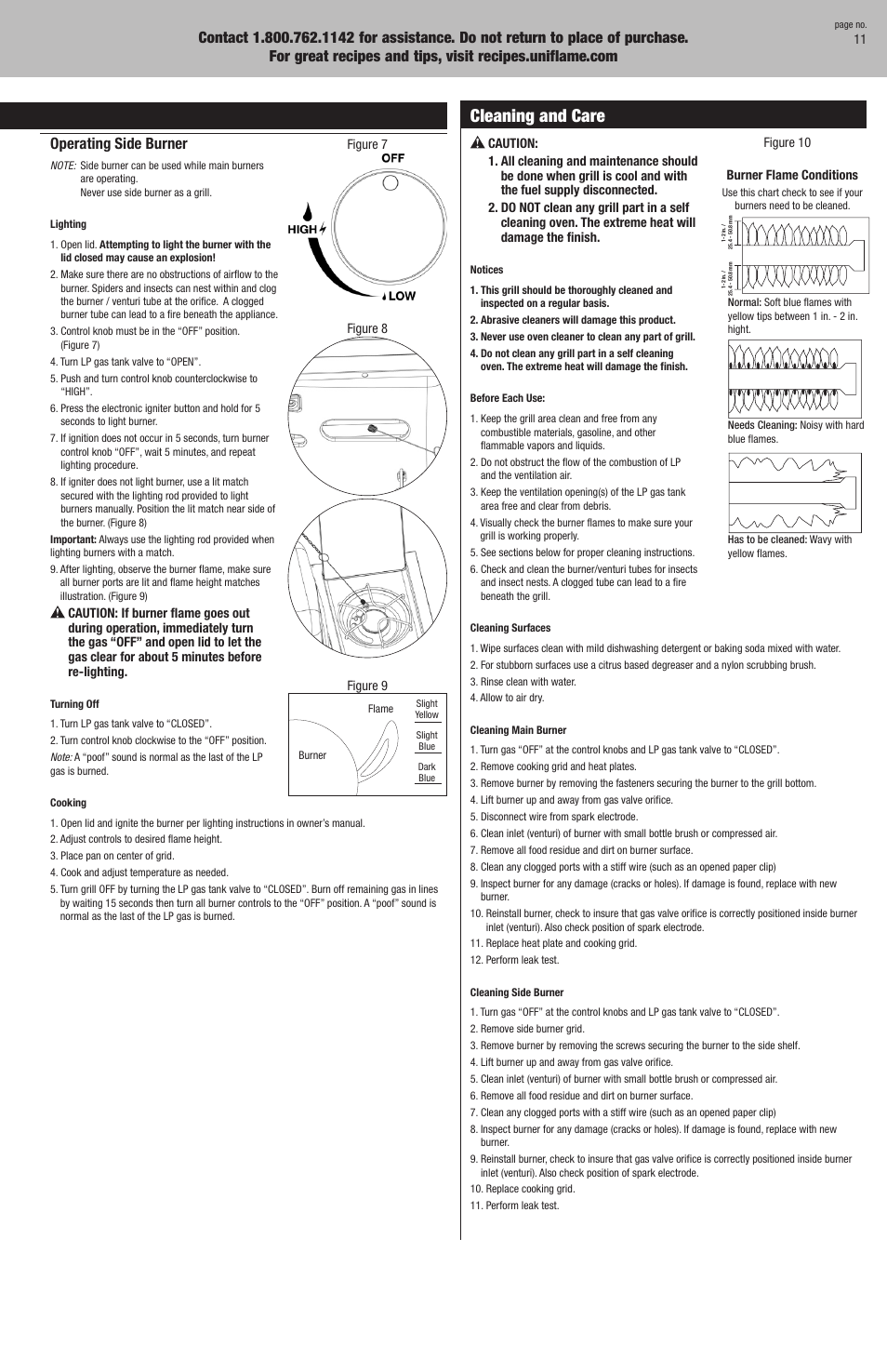 Operating instructions, Cleaning and care, Checking for leaks | Operating main burners, Operating side burner | Uniflame GBC920W1 User Manual | Page 11 / 28