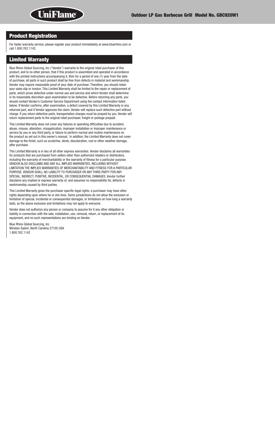 Product registration, Limited warranty | Uniflame GBC920W1 User Manual | Page 12 / 28