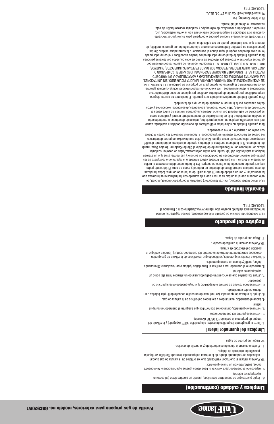 Registro del producto, Garantía limitada, Limpieza y cuidado (continuación) | Limpieza del quemador lateral | Uniflame GBC920W1 User Manual | Page 17 / 28