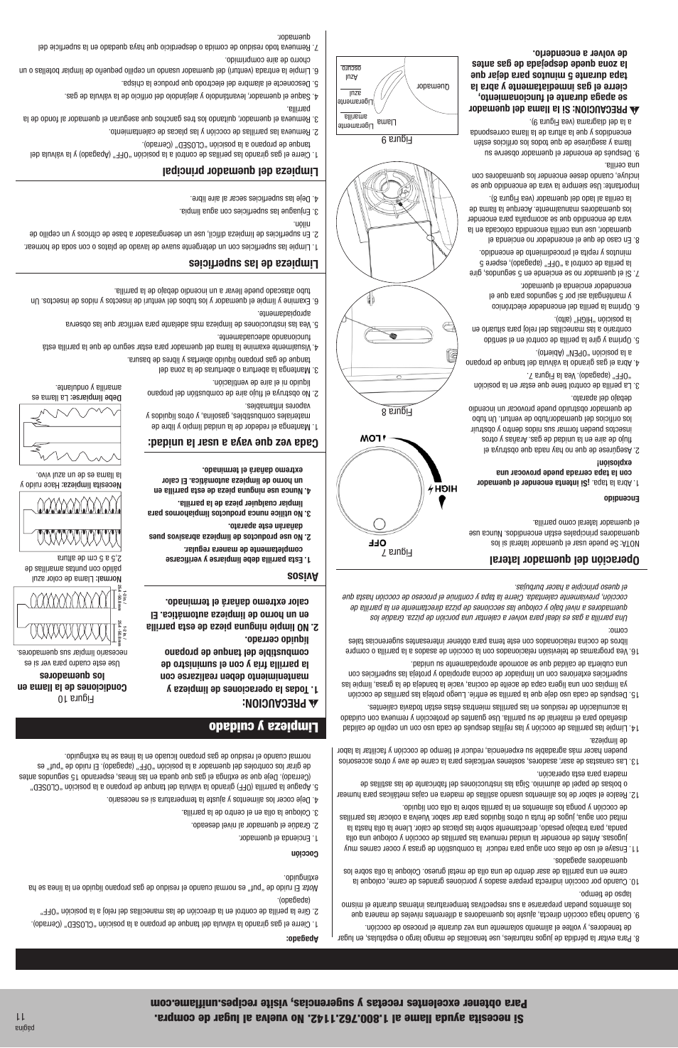 Instrucciones de operación, Limpieza y cuidado, Comprobar si hay fugas | Operación de los quemadores principales, Operación del quemador lateral, Prec aucion, Avisos, Cada vez que vay a a usar la unidad, Limpieza de las superficies, Limpieza del quemador principal | Uniflame GBC920W1 User Manual | Page 18 / 28