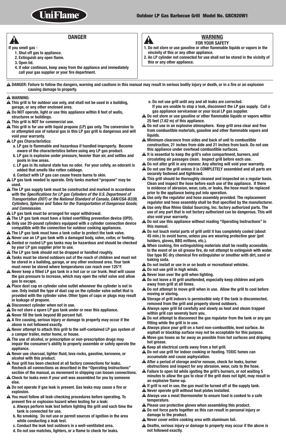 Danger, Warning | Uniflame GBC920W1 User Manual | Page 2 / 28