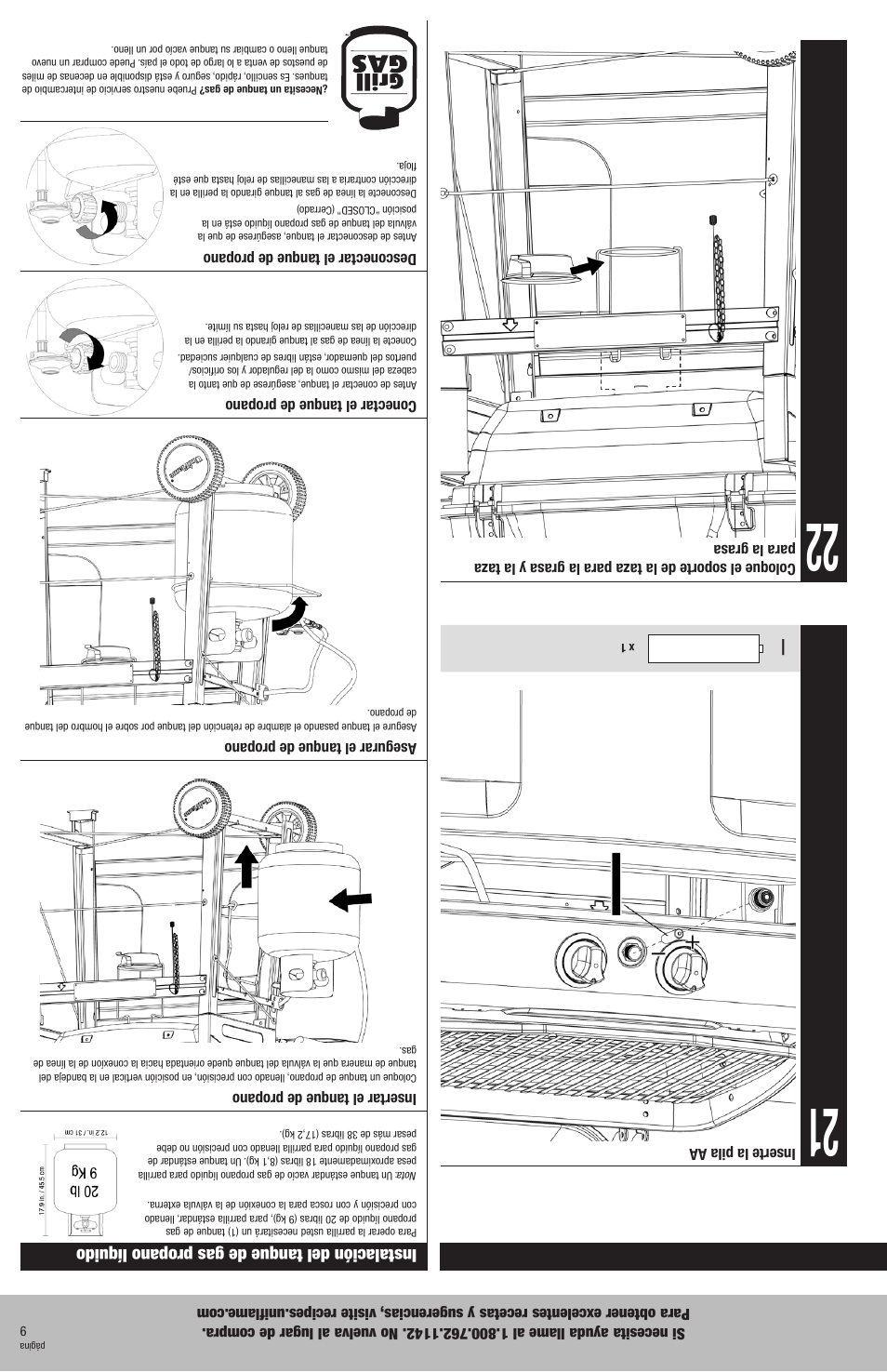 Instrucciones de armado (continuación), Instalación del tanque de gas propano líquido | Uniflame GBC920W1 User Manual | Page 20 / 28