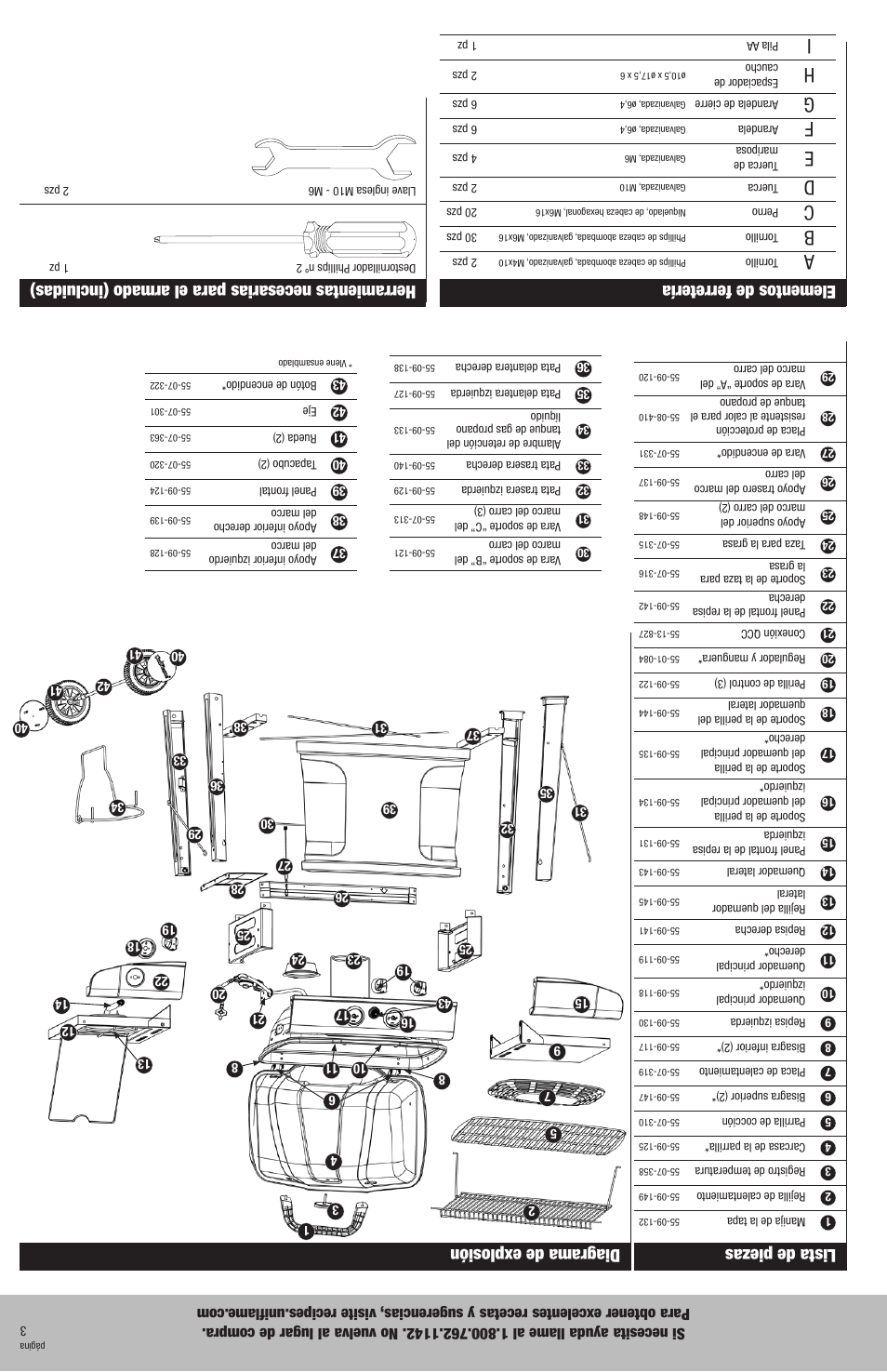 Herramientas necesarias para el armado (incluidas), Elementos de ferretería, Lista de piezas | Diagrama de explosión | Uniflame GBC920W1 User Manual | Page 26 / 28