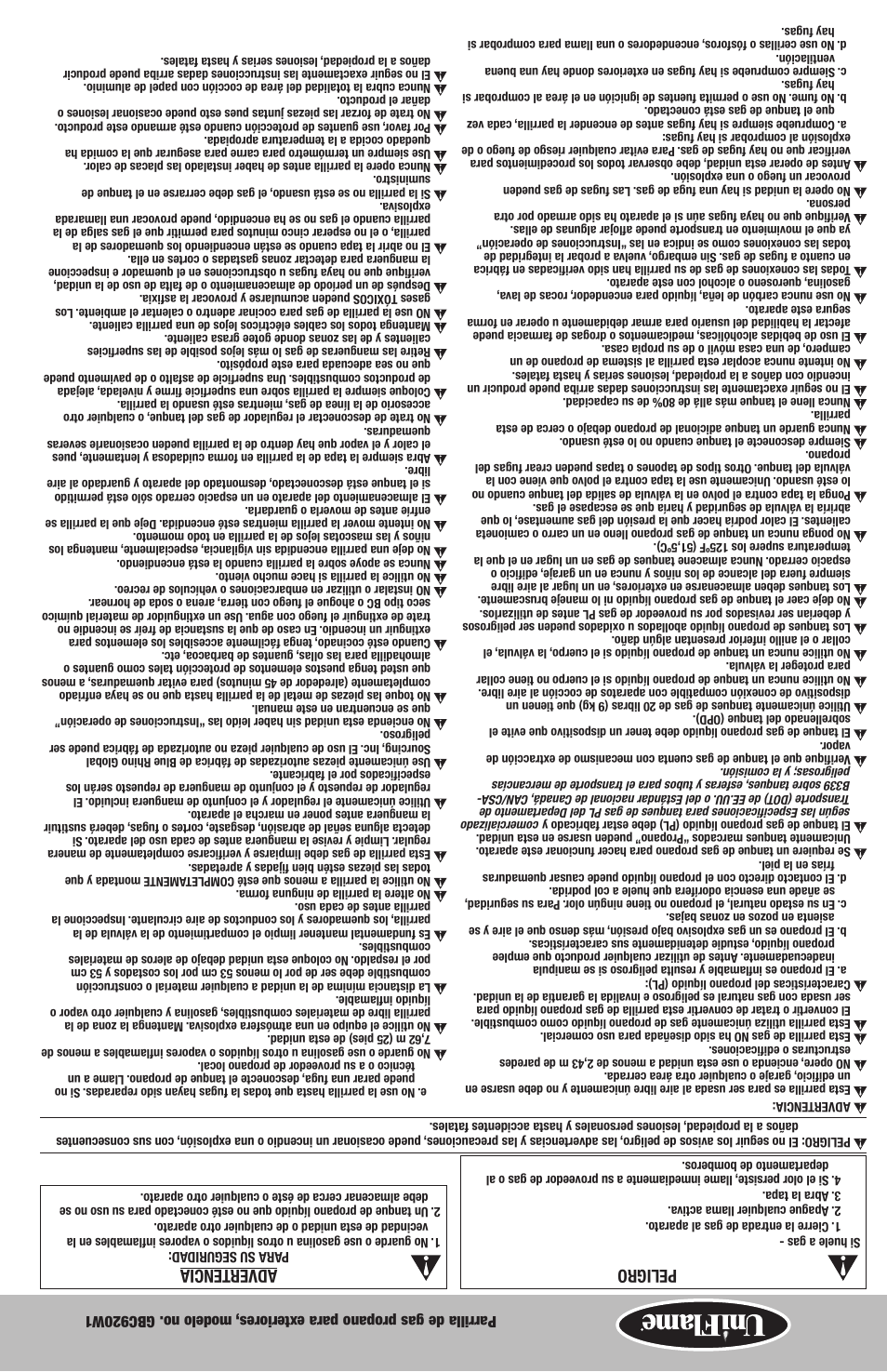 Peligro, Advertencia | Uniflame GBC920W1 User Manual | Page 27 / 28