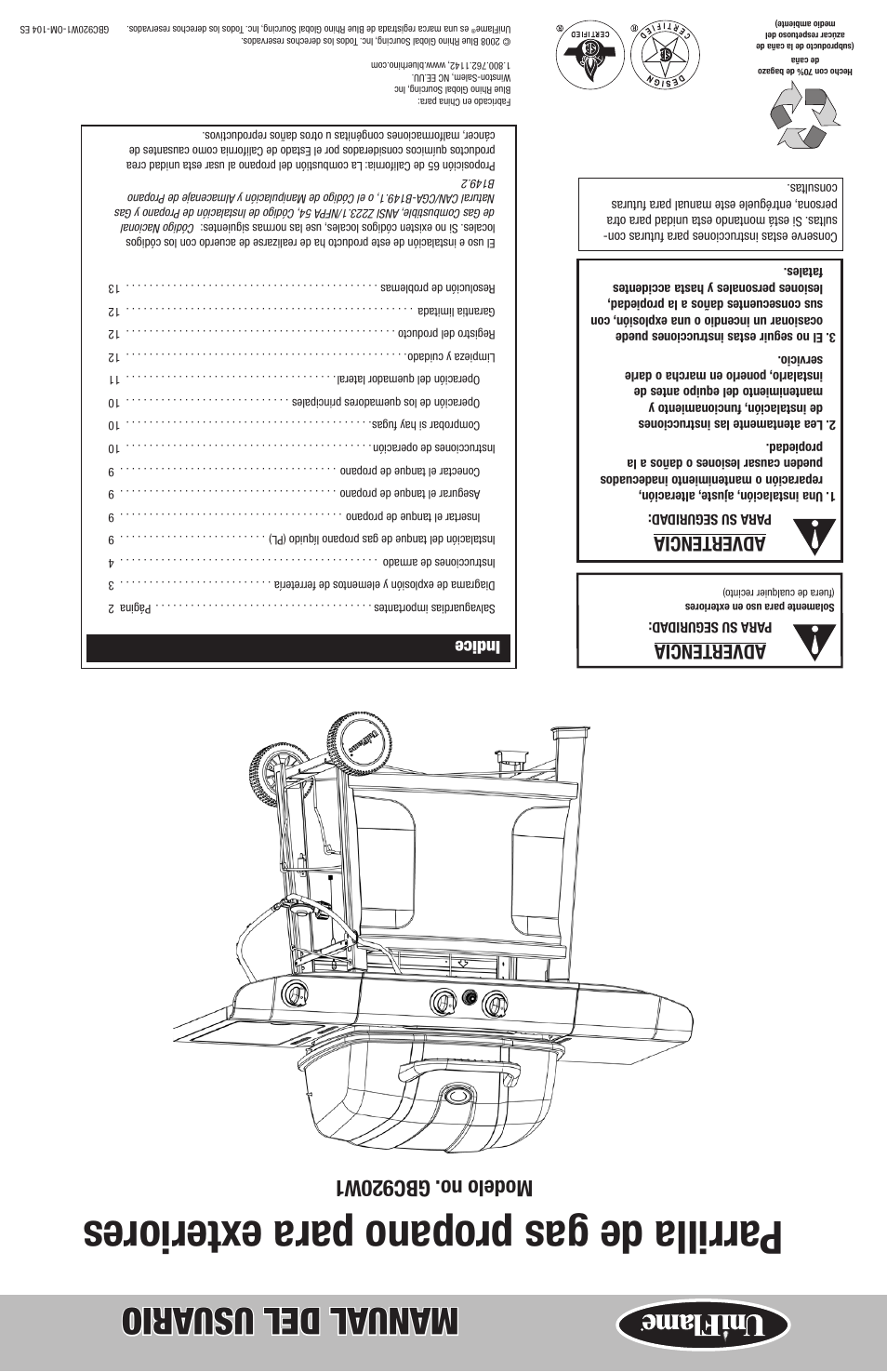 Parrilla de gas propano para e xteriores, Manual del usu ario, Modelo no. gbc920w1 | Advertencia, Indice | Uniflame GBC920W1 User Manual | Page 28 / 28