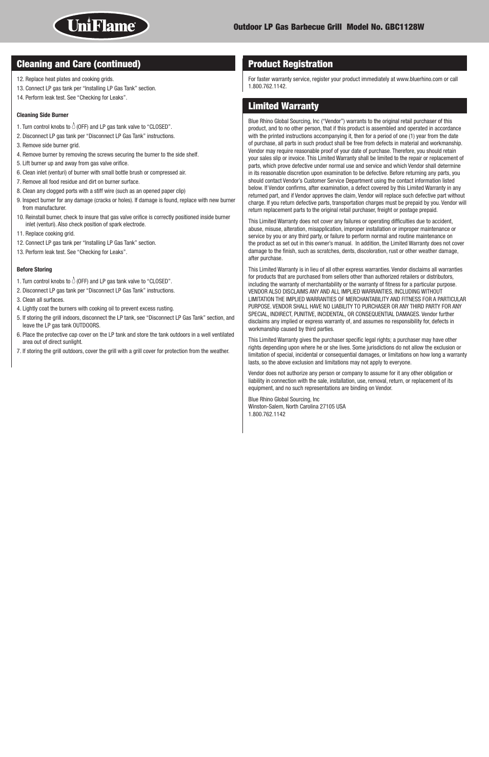 Product registration, Limited warranty, Cleaning and care (continued) | Uniflame GBC1128W User Manual | Page 12 / 28