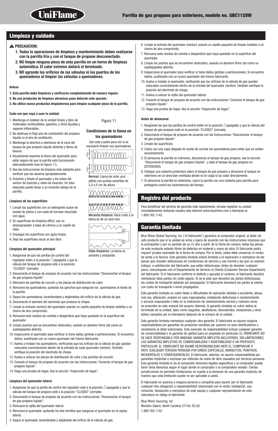 Registro del producto, Garantía limitada, Limpieza y cuidado | Uniflame GBC1128W User Manual | Page 26 / 28
