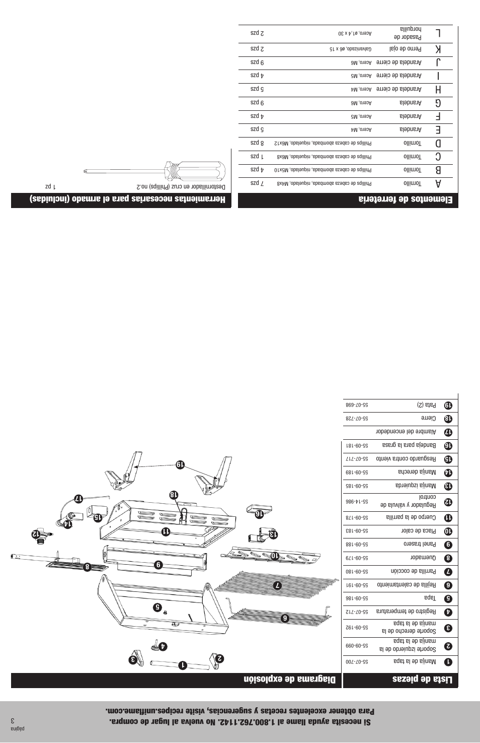 Elementos de ferretería, Lista de piezas, Diagrama de explosión | Herramientas necesarias para el armado (incluidas) | Uniflame HBT920W User Manual | Page 14 / 16