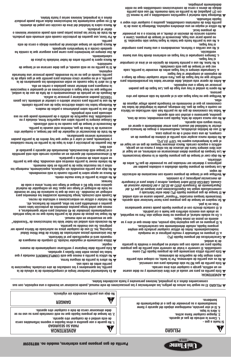 Advertencia, Peligro, Danger | Uniflame HBT920W User Manual | Page 15 / 16