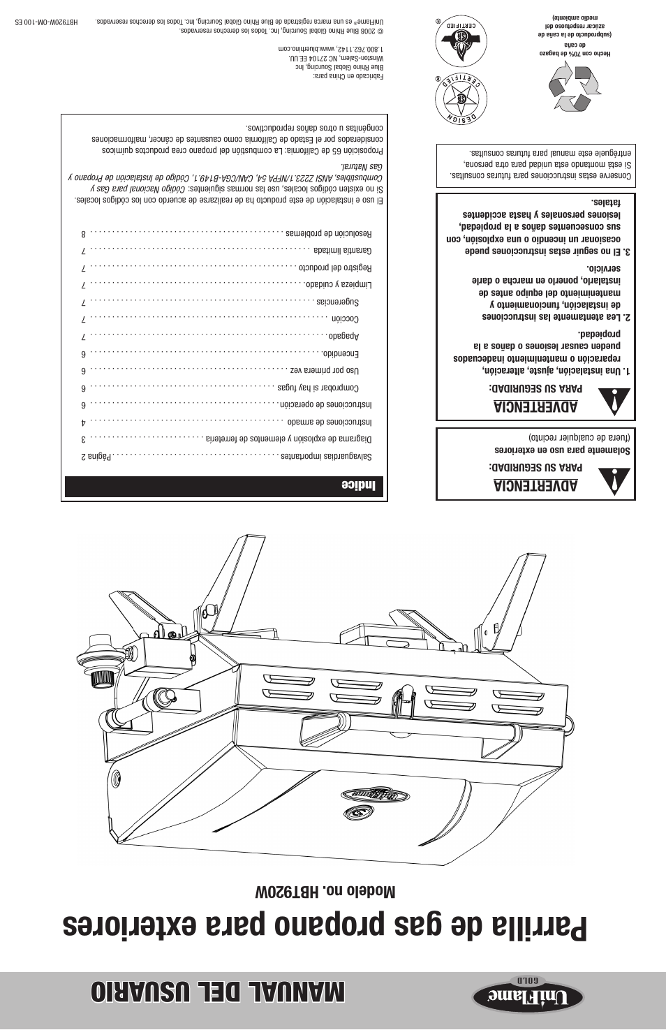 Parrilla de gas propano para e xteriores, Manual del usu ario, Modelo no. hbt920w | Advertencia, Indice | Uniflame HBT920W User Manual | Page 16 / 16