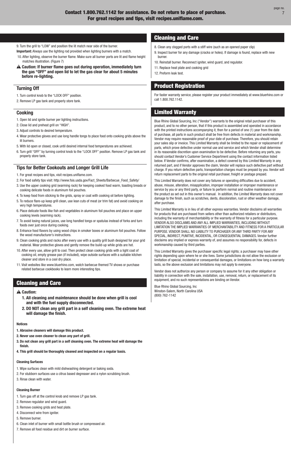 Cleaning and care, Operating instructions, Product registration | Limited warranty | Uniflame HBT920W User Manual | Page 7 / 16