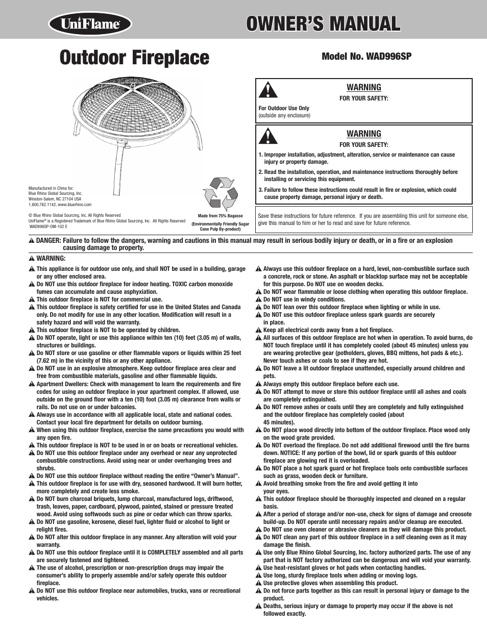 Uniflame WAD996SP User Manual | 2 pages