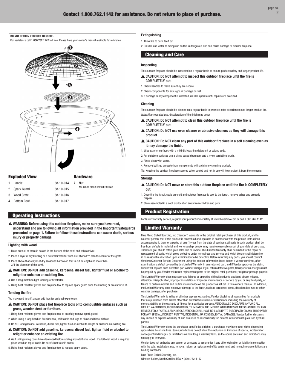 Operating instructions, Cleaning and care, Product registration | Limited warranty | Uniflame WAD996SP User Manual | Page 2 / 2