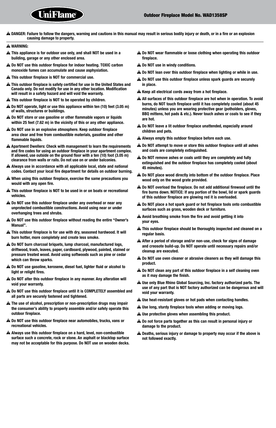 Uniflame WAD1358SP User Manual | Page 2 / 8
