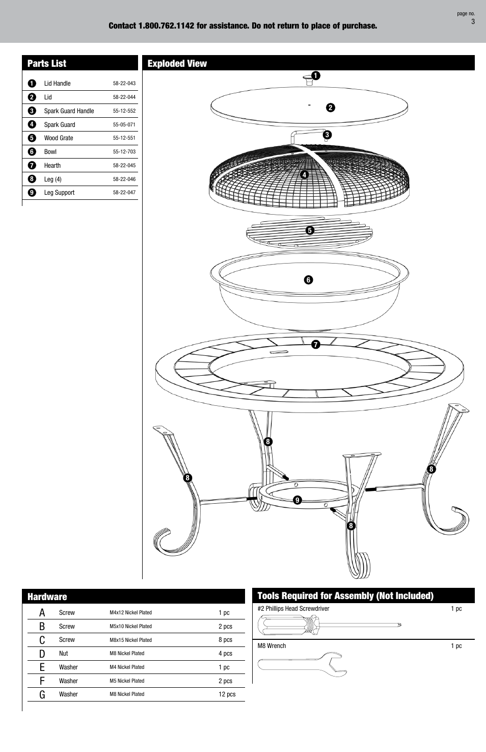 Parts list, Hardware, Exploded view | Tools required for assembly (not included) | Uniflame WAD1358SP User Manual | Page 3 / 8