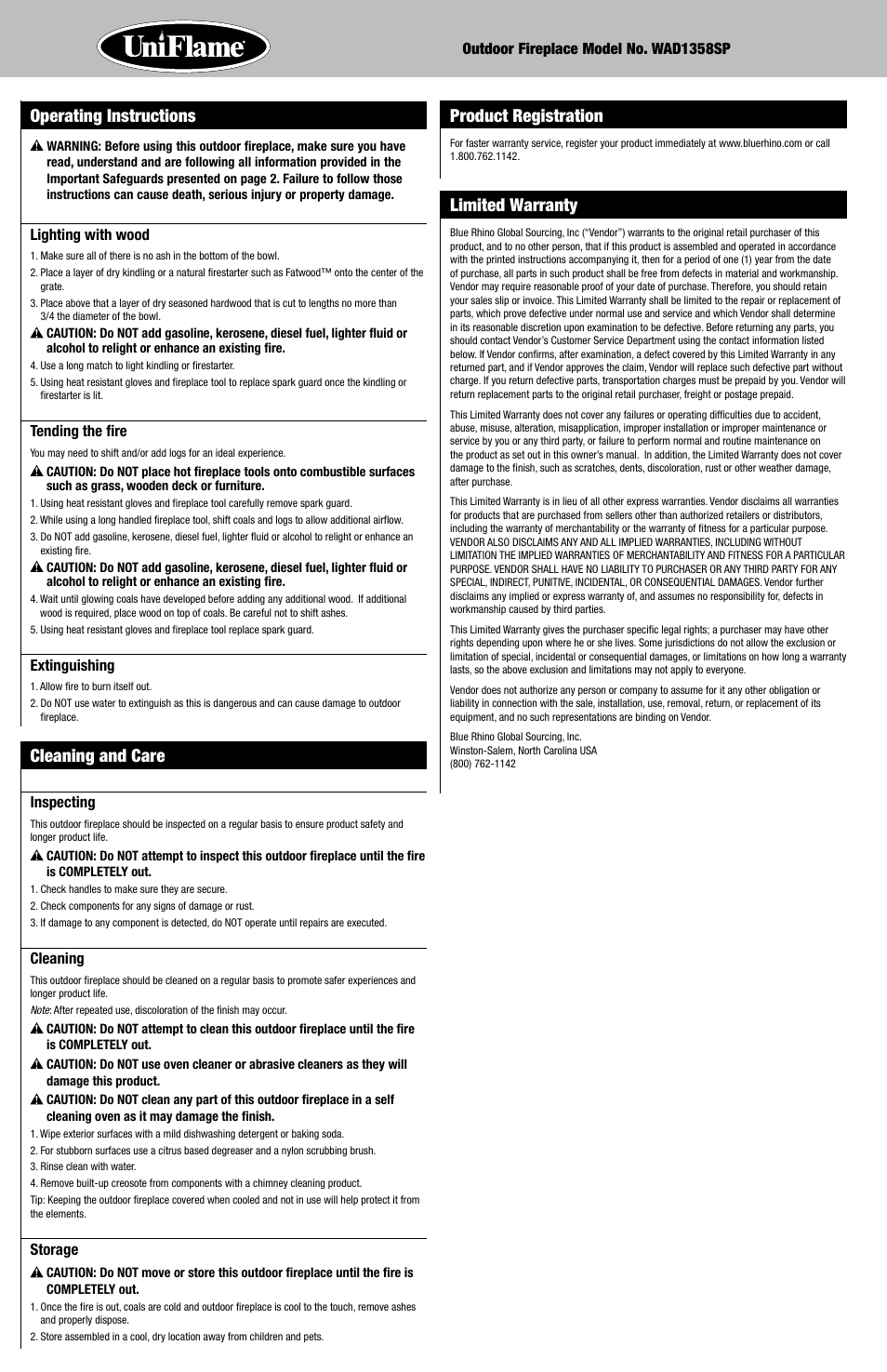Cleaning and care, Product registration, Limited warranty | Operating instructions | Uniflame WAD1358SP User Manual | Page 6 / 8