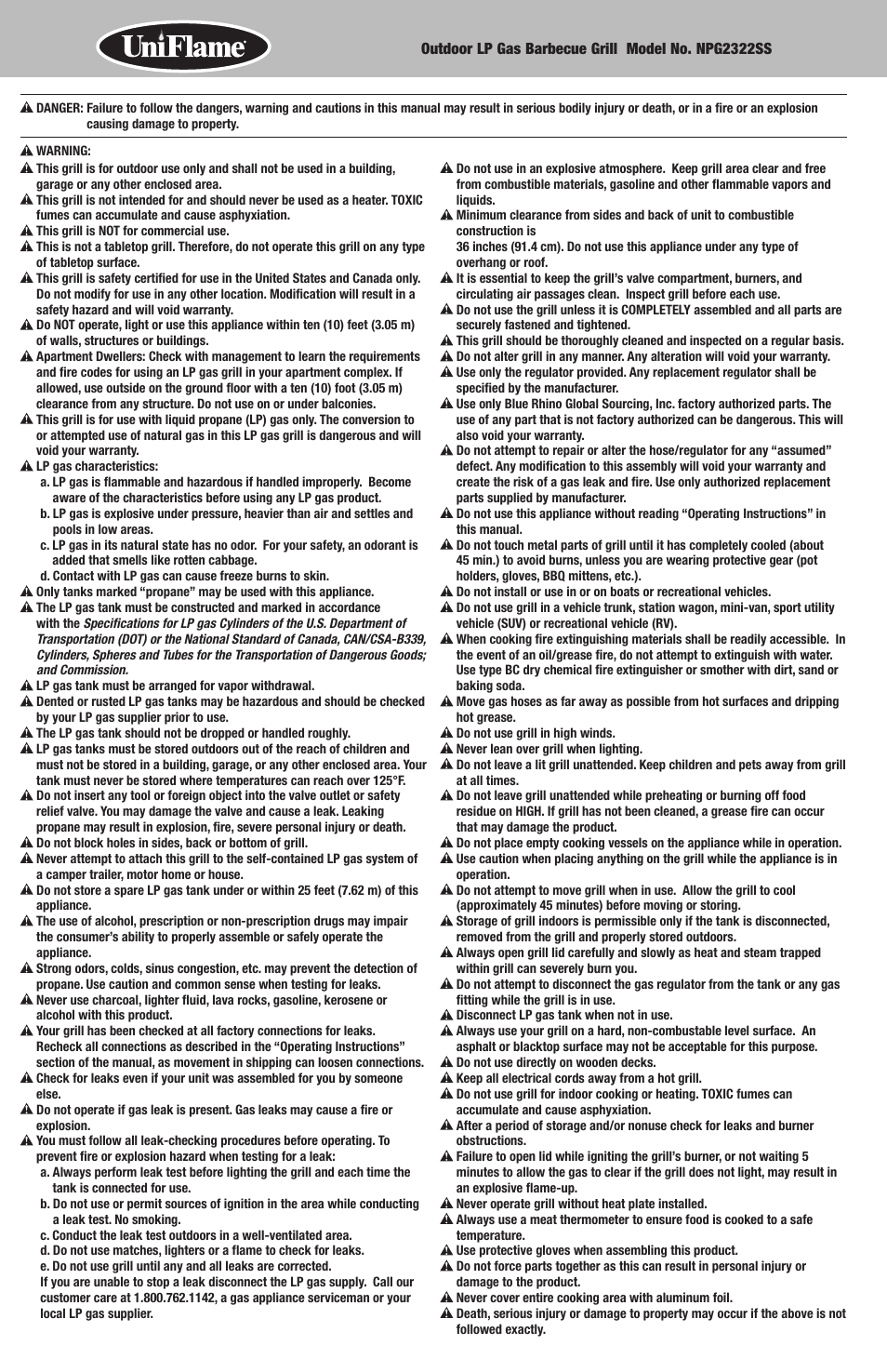 Uniflame NPG2322SS User Manual | Page 2 / 12