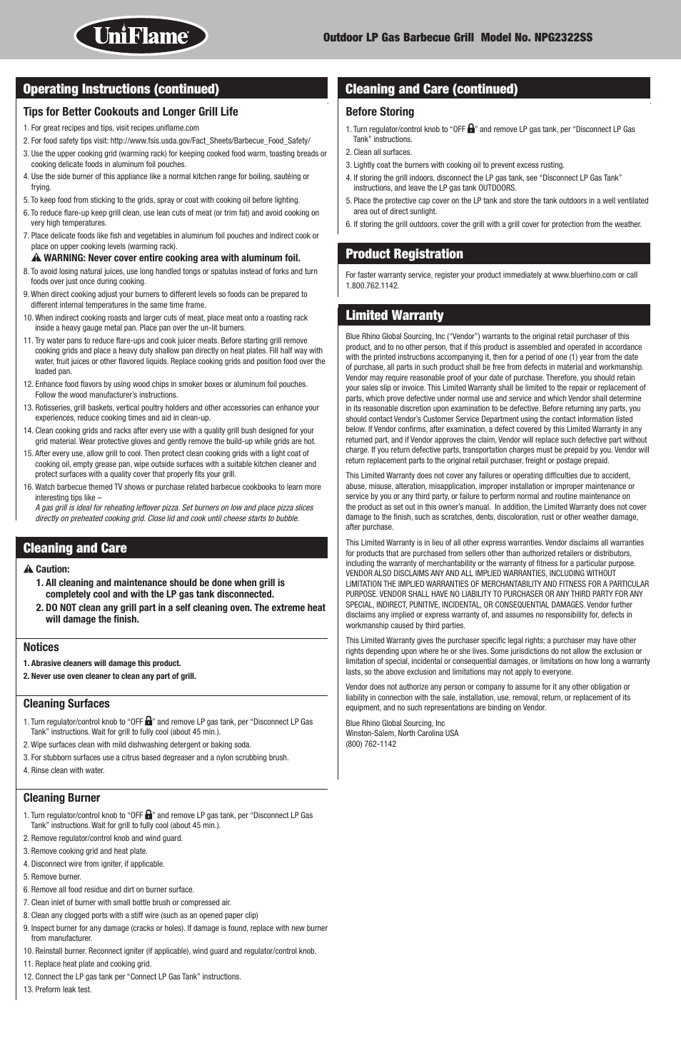 Product registration, Limited warranty, Cleaning and care | Uniflame NPG2322SS User Manual | Page 8 / 12