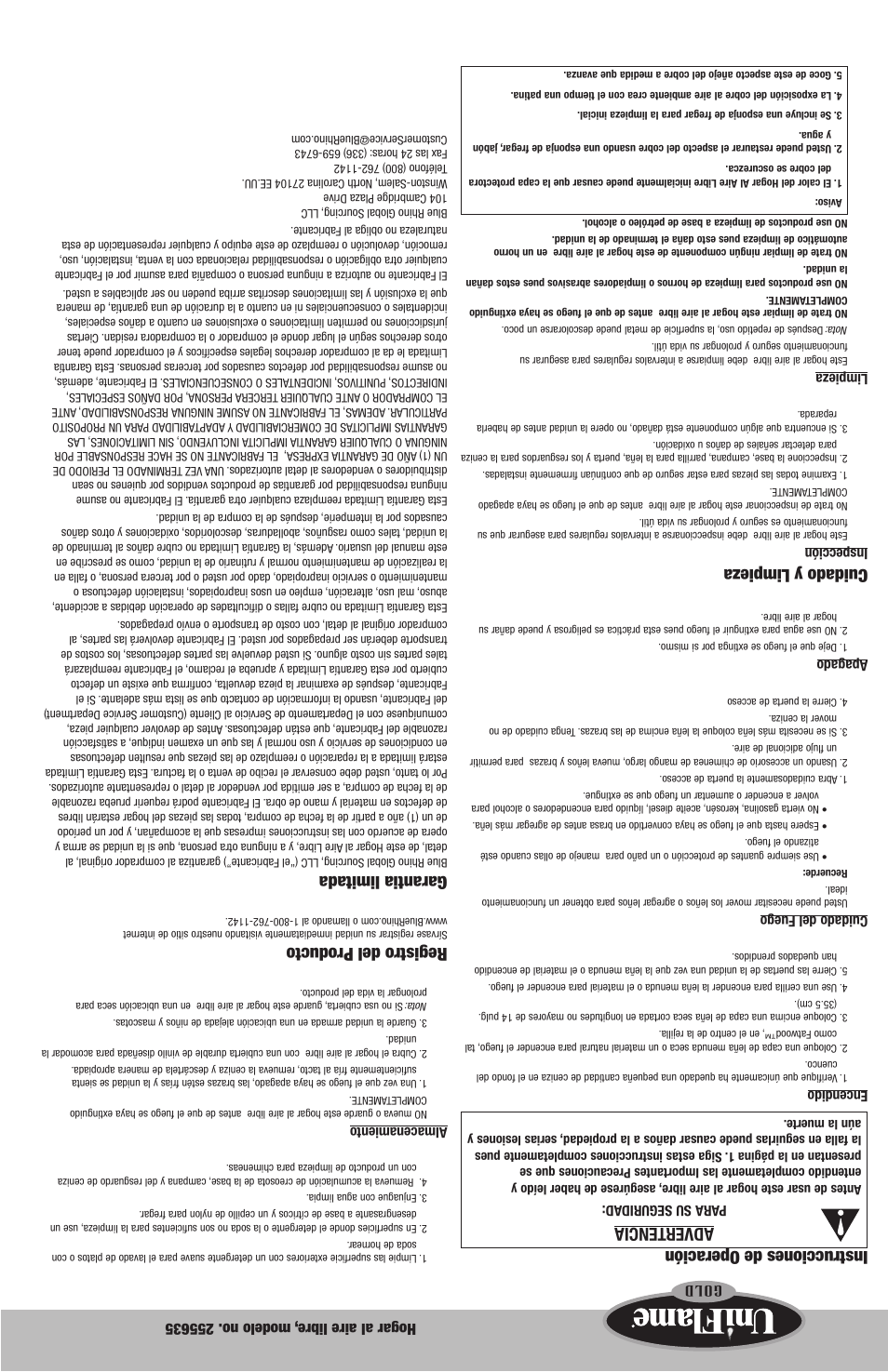 Instrucciones de operación advertencia, Cuidado y limpieza, Registro del producto | Garantia limitada | Uniflame 255635 User Manual | Page 12 / 12