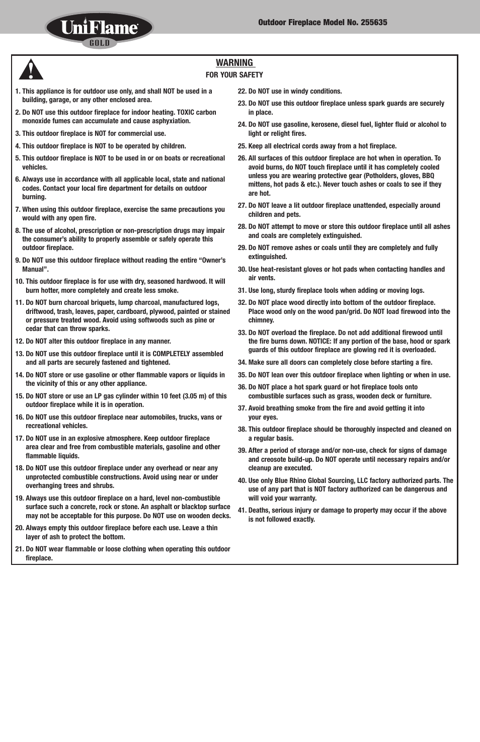 Warning | Uniflame 255635 User Manual | Page 2 / 12