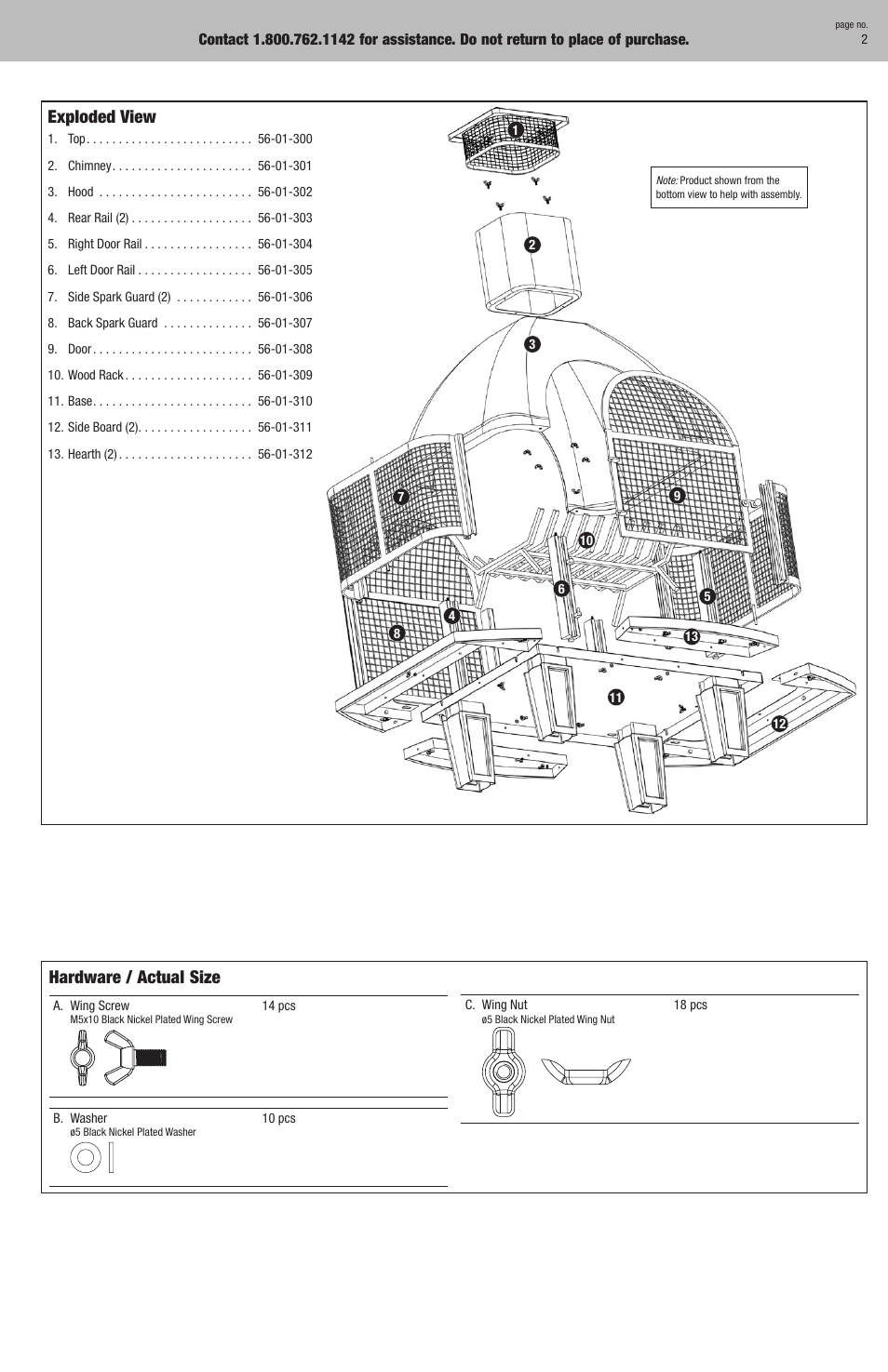 Exploded view, Hardware / actual size | Uniflame 255635 User Manual | Page 3 / 12