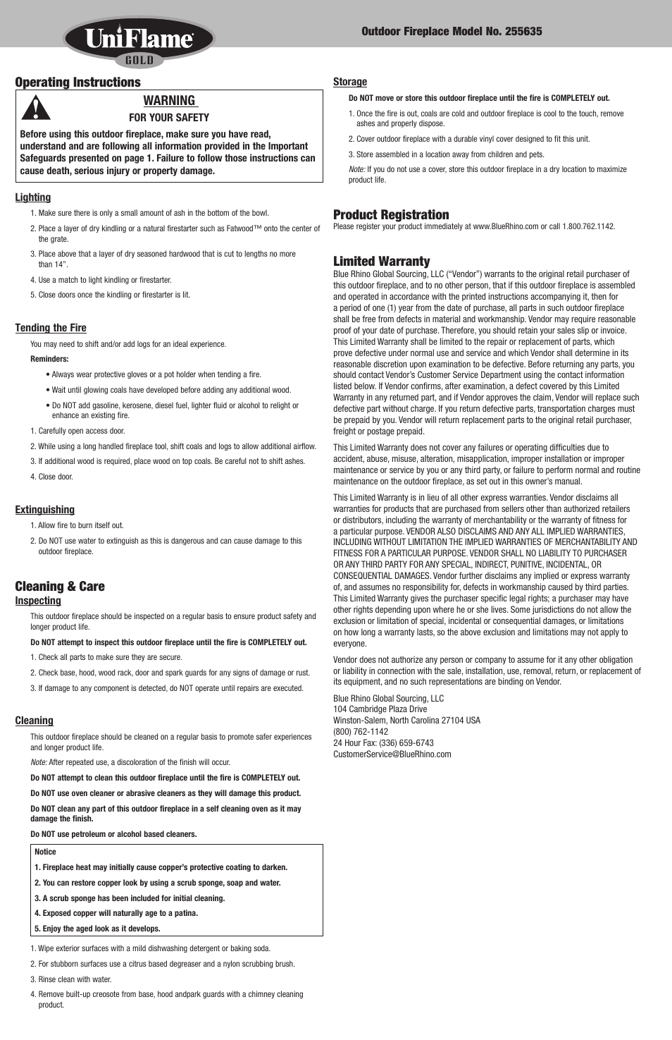 Operating instructions warning, Cleaning & care, Product registration | Limited warranty | Uniflame 255635 User Manual | Page 6 / 12