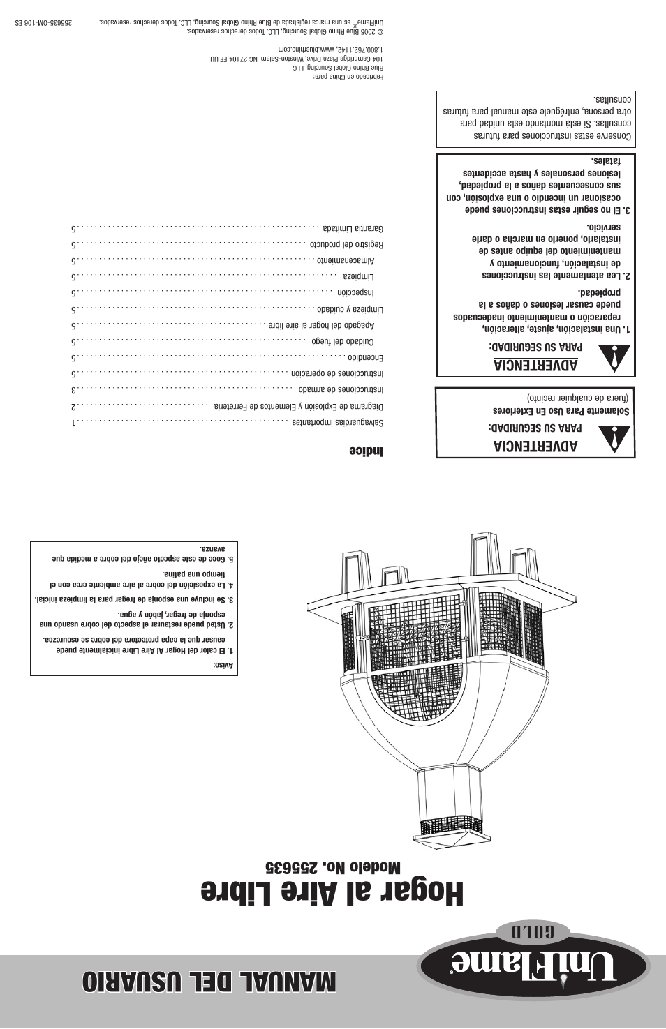Hogar al aire libre, Manual del usu ario, Go ld | Advertencia, Indice | Uniflame 255635 User Manual | Page 7 / 12