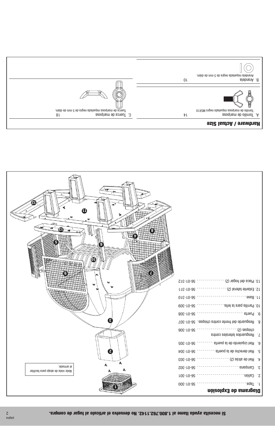 Diagrama de explosión, Hardware / actual size | Uniflame 255635 User Manual | Page 9 / 12