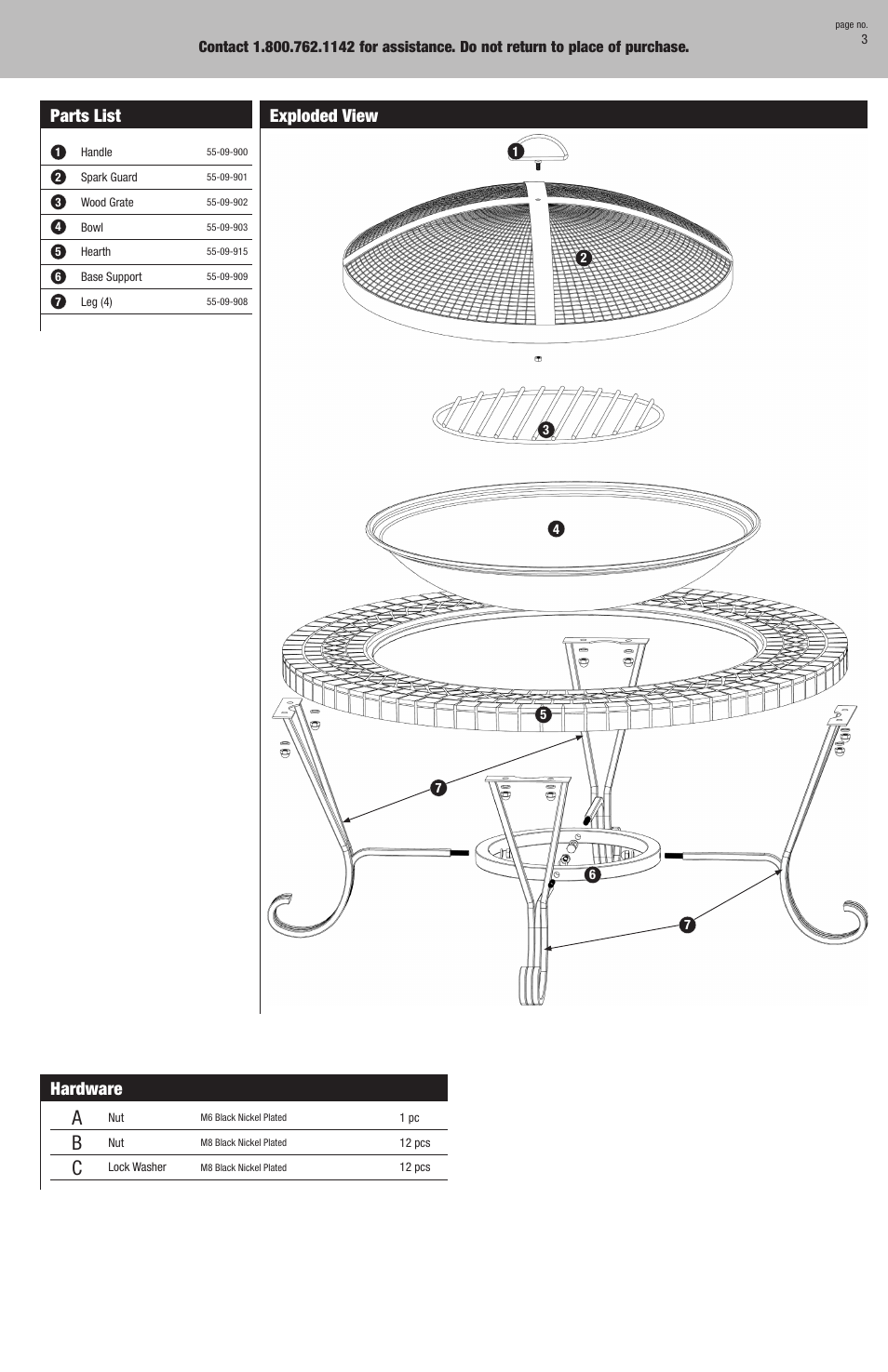 Parts list, Hardware, Exploded view | Uniflame WAD931SP User Manual | Page 3 / 8
