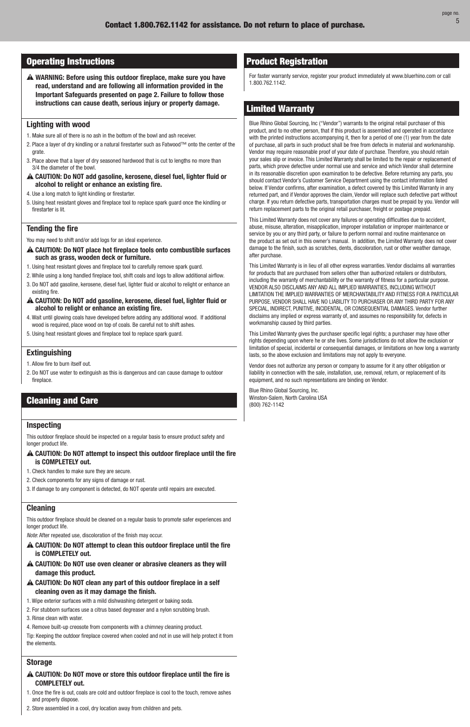 Cleaning and care, Product registration, Limited warranty | Operating instructions | Uniflame WAD931SP User Manual | Page 5 / 8