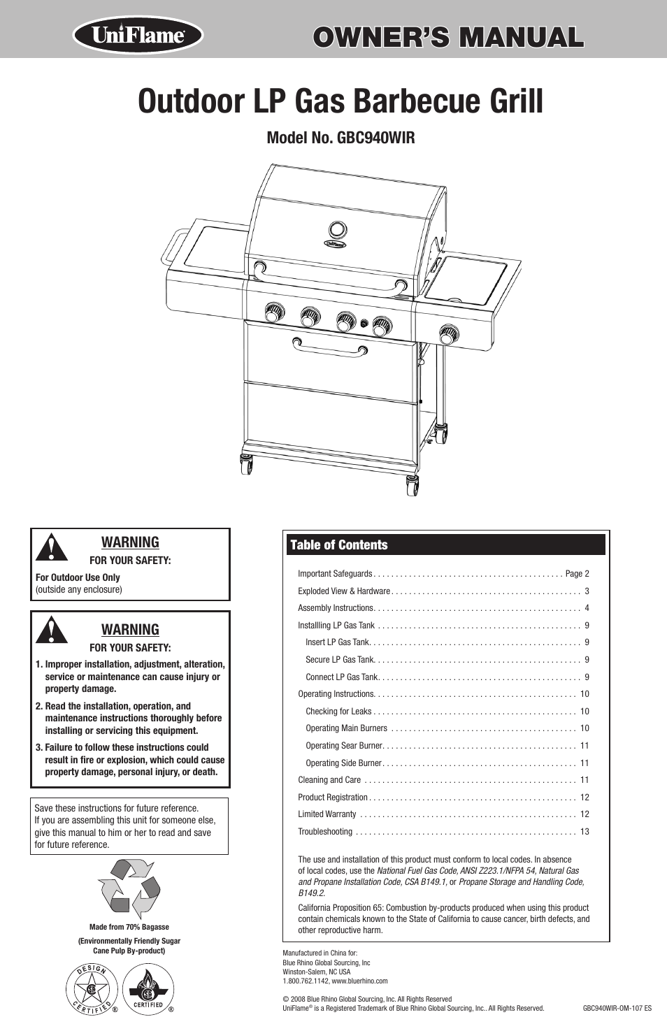 Uniflame GBC940WIR User Manual | 28 pages