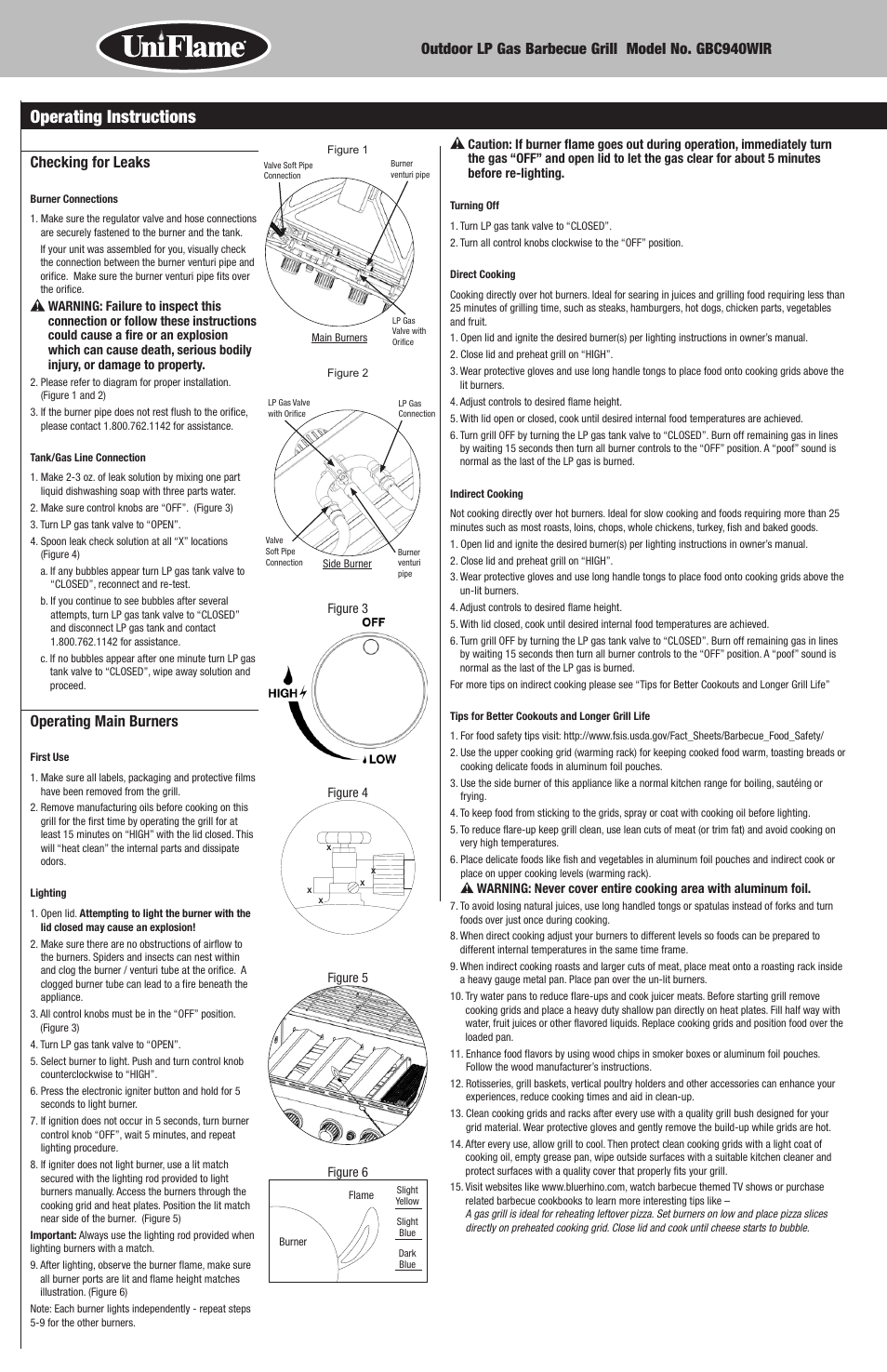 Operating instructions, Checking for leaks, Operating main burners | Uniflame GBC940WIR User Manual | Page 10 / 28
